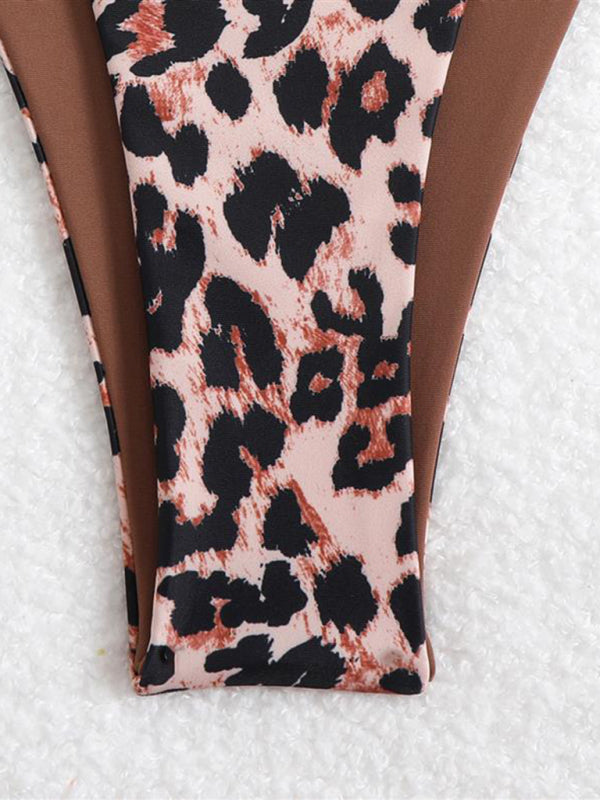 Bikinis - Three-point suspenders gathered leopard print sexy bikini