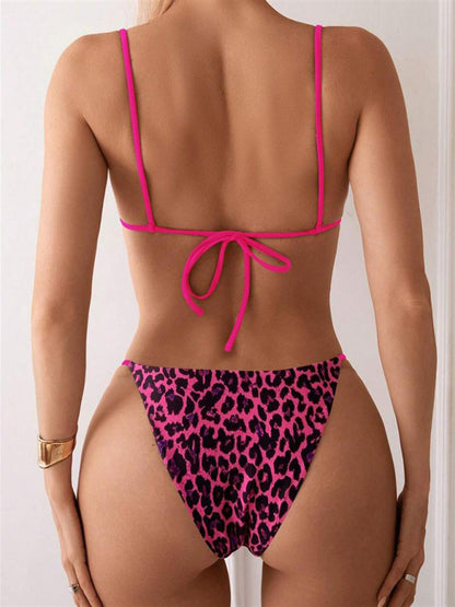 Bikinis - Three-point suspenders gathered leopard print sexy bikini
