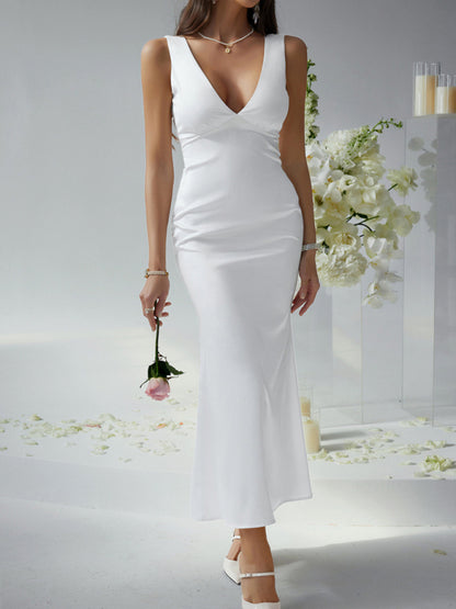 Party Dresses - Sexy solid color slim fit deep v backless evening dress long dress