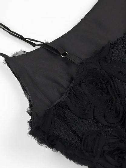 Elegant Dresses - Three-dimensional rose decorated ruffle stitching suspender dress