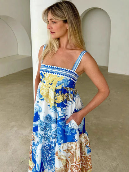 Vacation Dresses - Holiday style maxi dress with printed suspenders