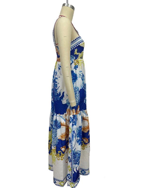 Vacation Dresses - Holiday style maxi dress with printed suspenders