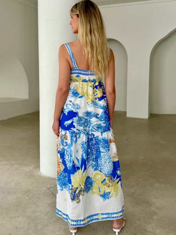 Vacation Dresses - Holiday style maxi dress with printed suspenders