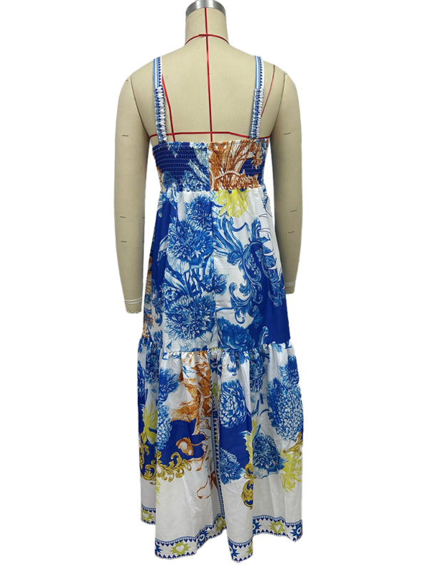 Vacation Dresses - Holiday style maxi dress with printed suspenders