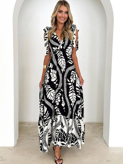 Elegant Dresses - Lace-up women's long dress V-neck sleeveless printed dress