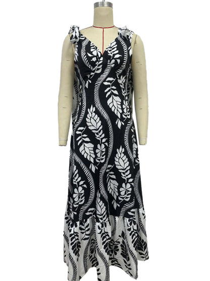Elegant Dresses - Lace-up women's long dress V-neck sleeveless printed dress