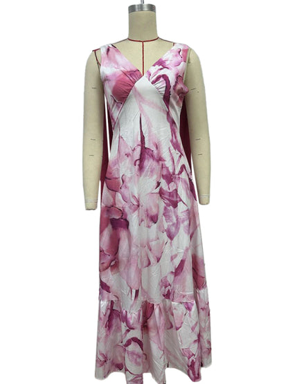 Elegant Dresses - Lace-up women's long dress V-neck sleeveless printed dress