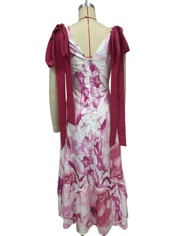 Elegant Dresses - Lace-up women's long dress V-neck sleeveless printed dress