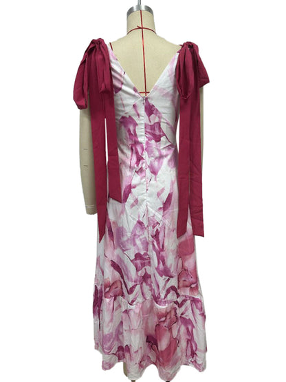 Elegant Dresses - Lace-up women's long dress V-neck sleeveless printed dress