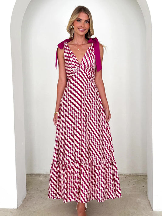 Elegant Dresses - Lace-up women's long dress V-neck sleeveless printed dress