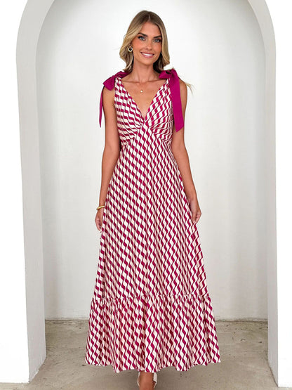 Elegant Dresses - Lace-up women's long dress V-neck sleeveless printed dress