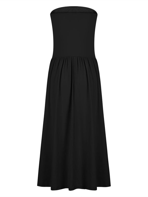 Tube Dresses - Solid color tube top elegant waist pleated pocket long dress