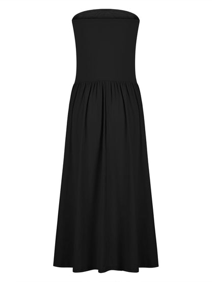 Tube Dresses - Solid color tube top elegant waist pleated pocket long dress