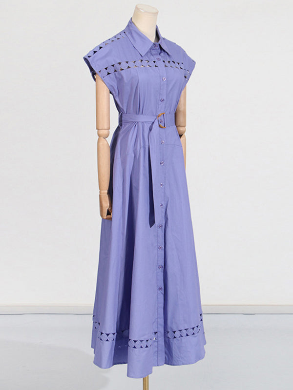 Shirt Dresses - V-neck hollow lace-up slim lapel shirt dress