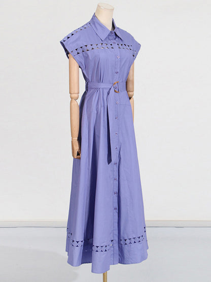 Shirt Dresses - V-neck hollow lace-up slim lapel shirt dress