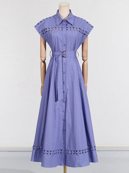 Shirt Dresses - V-neck hollow lace-up slim lapel shirt dress