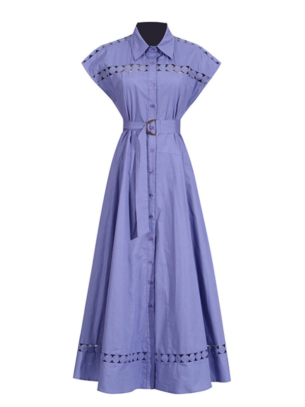 Shirt Dresses - V-neck hollow lace-up slim lapel shirt dress