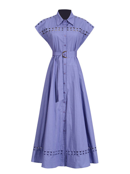 Shirt Dresses - V-neck hollow lace-up slim lapel shirt dress
