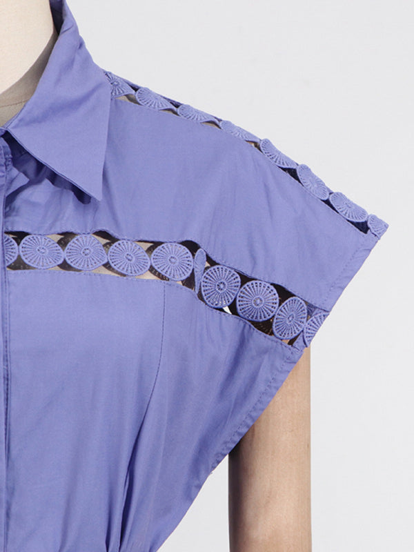 Shirt Dresses - V-neck hollow lace-up slim lapel shirt dress