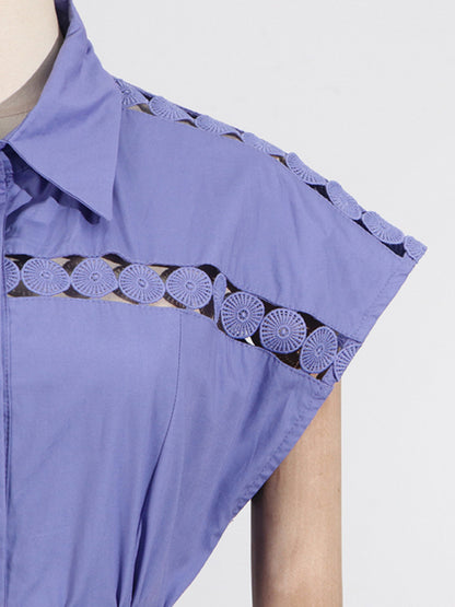 Shirt Dresses - V-neck hollow lace-up slim lapel shirt dress