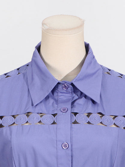 Shirt Dresses - V-neck hollow lace-up slim lapel shirt dress