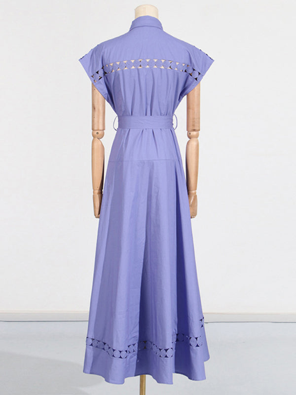 Shirt Dresses - V-neck hollow lace-up slim lapel shirt dress
