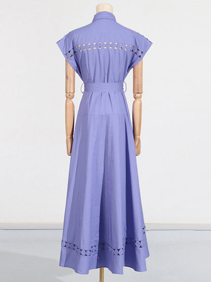 Shirt Dresses - V-neck hollow lace-up slim lapel shirt dress