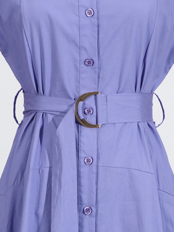Shirt Dresses - V-neck hollow lace-up slim lapel shirt dress