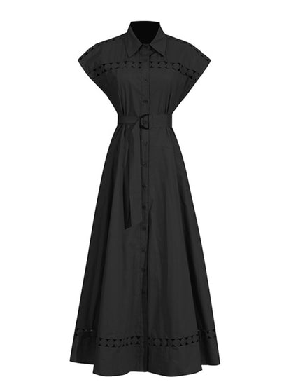 Shirt Dresses - V-neck hollow lace-up slim lapel shirt dress