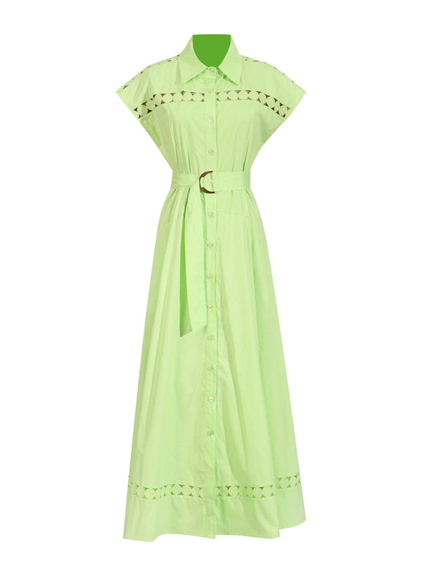 Shirt Dresses - V-neck hollow lace-up slim lapel shirt dress
