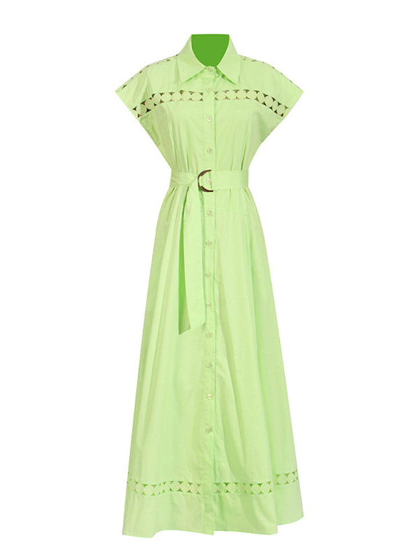 Shirt Dresses - V-neck hollow lace-up slim lapel shirt dress