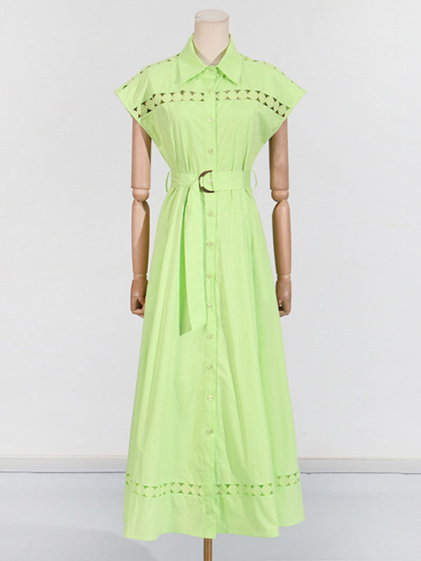 Shirt Dresses - V-neck hollow lace-up slim lapel shirt dress