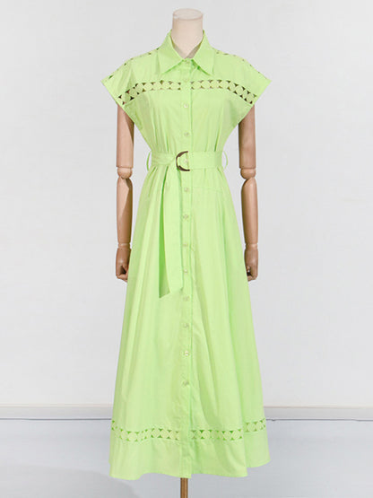 Shirt Dresses - V-neck hollow lace-up slim lapel shirt dress