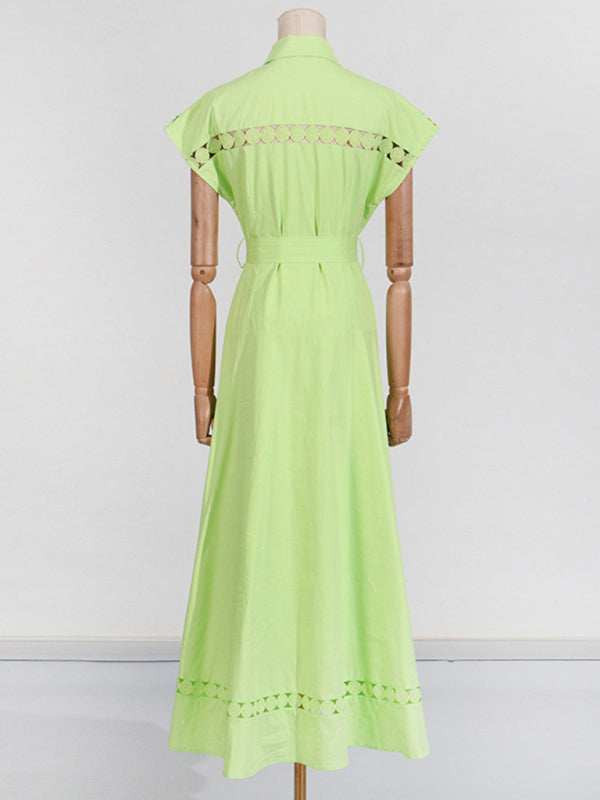 Shirt Dresses - V-neck hollow lace-up slim lapel shirt dress