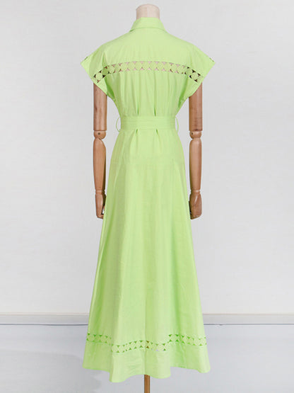 Shirt Dresses - V-neck hollow lace-up slim lapel shirt dress