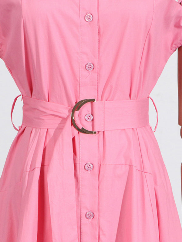 Shirt Dresses - V-neck hollow lace-up slim lapel shirt dress