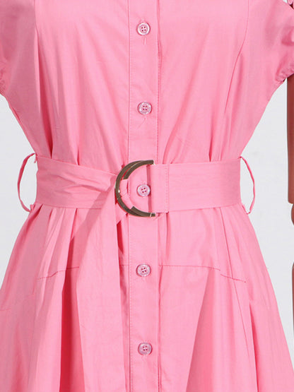 Shirt Dresses - V-neck hollow lace-up slim lapel shirt dress