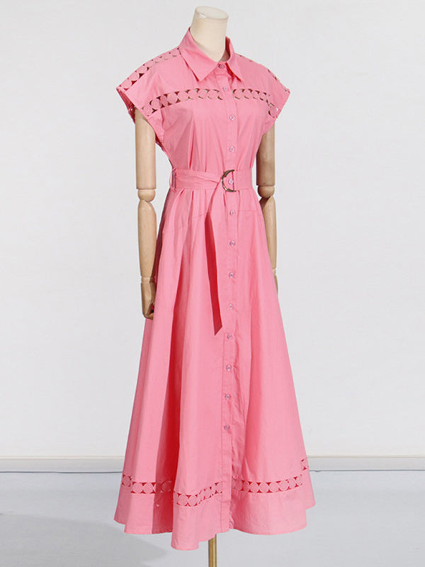 Shirt Dresses - V-neck hollow lace-up slim lapel shirt dress