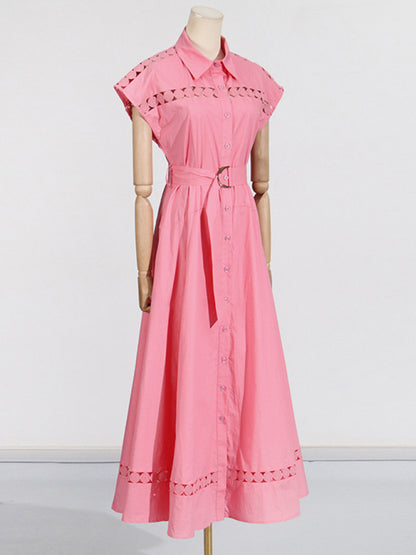 Shirt Dresses - V-neck hollow lace-up slim lapel shirt dress