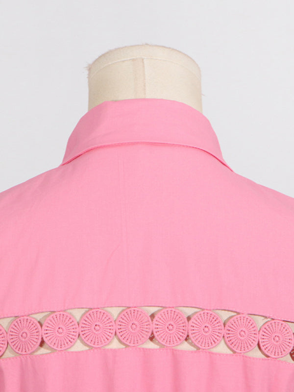 Shirt Dresses - V-neck hollow lace-up slim lapel shirt dress