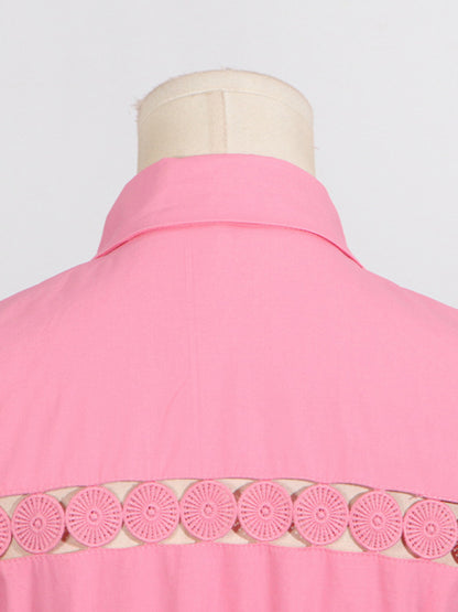Shirt Dresses - V-neck hollow lace-up slim lapel shirt dress