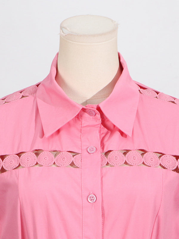 Shirt Dresses - V-neck hollow lace-up slim lapel shirt dress