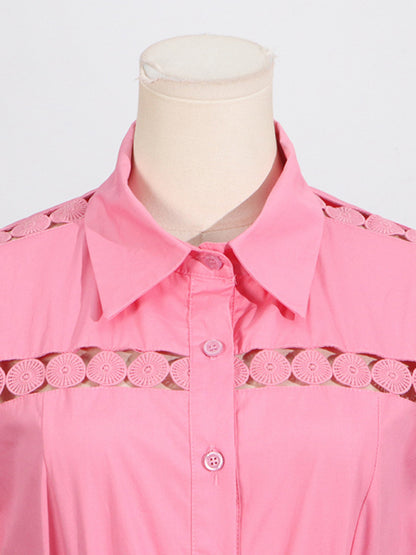 Shirt Dresses - V-neck hollow lace-up slim lapel shirt dress