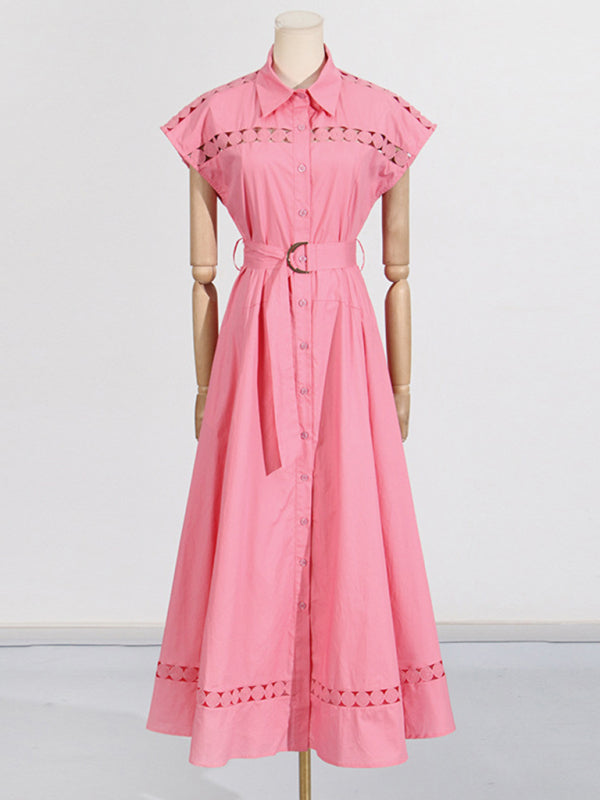 Shirt Dresses - V-neck hollow lace-up slim lapel shirt dress