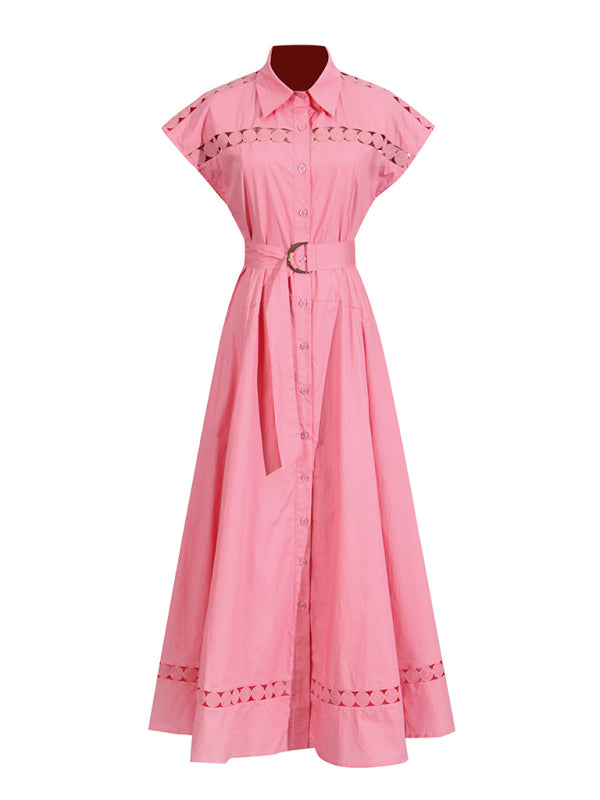 Shirt Dresses - V-neck hollow lace-up slim lapel shirt dress