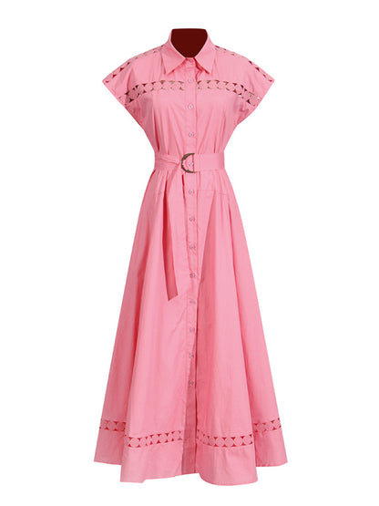 Shirt Dresses - V-neck hollow lace-up slim lapel shirt dress