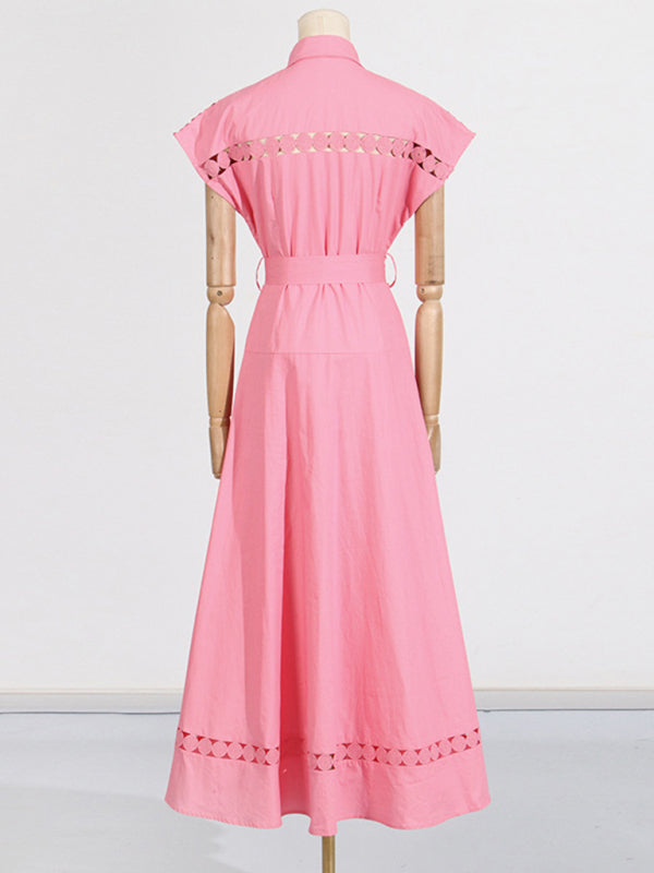Shirt Dresses - V-neck hollow lace-up slim lapel shirt dress