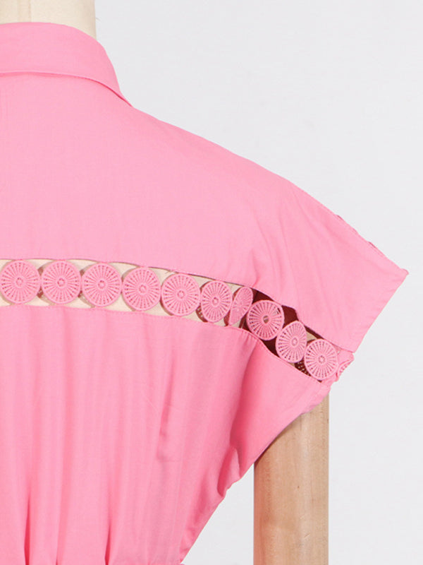 Shirt Dresses - V-neck hollow lace-up slim lapel shirt dress