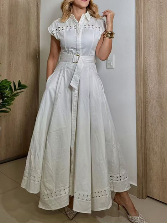Shirt Dresses - V-neck hollow lace-up slim lapel shirt dress