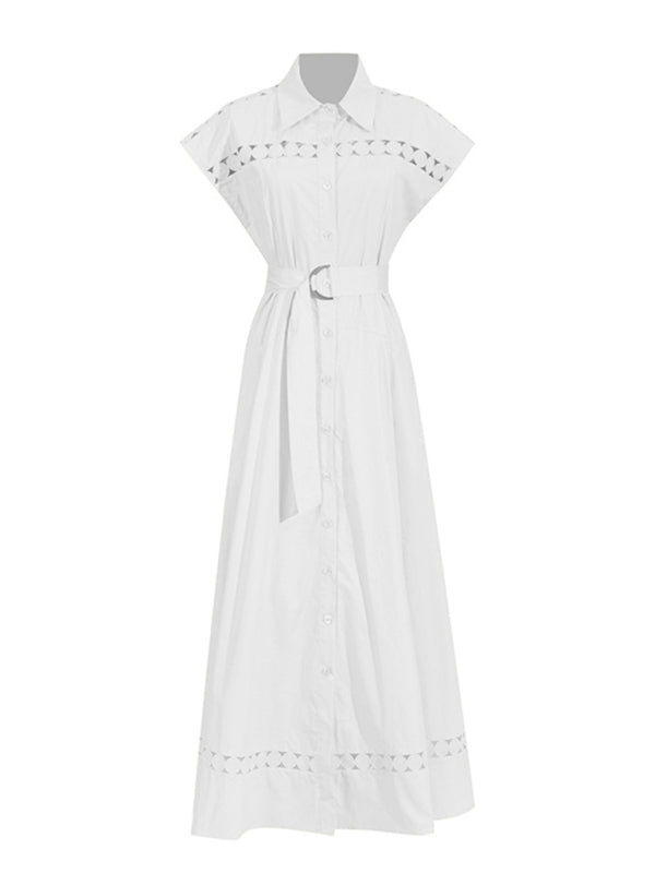 Shirt Dresses - V-neck hollow lace-up slim lapel shirt dress